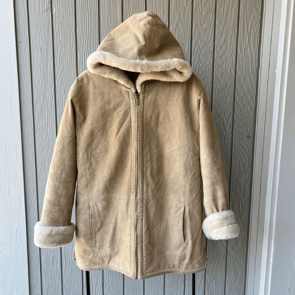 Vintage St. John's Bay Nubuck Leather Shearling Hooded Parka Jacket, Women's M